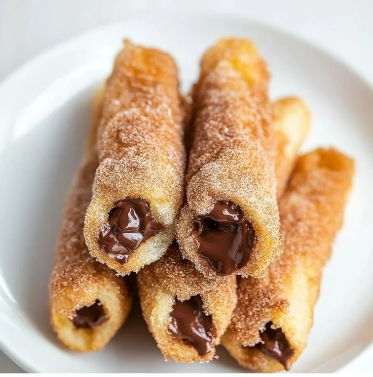 Crispy churro bites with Nutella drizzled on top and sprinkled with sugar