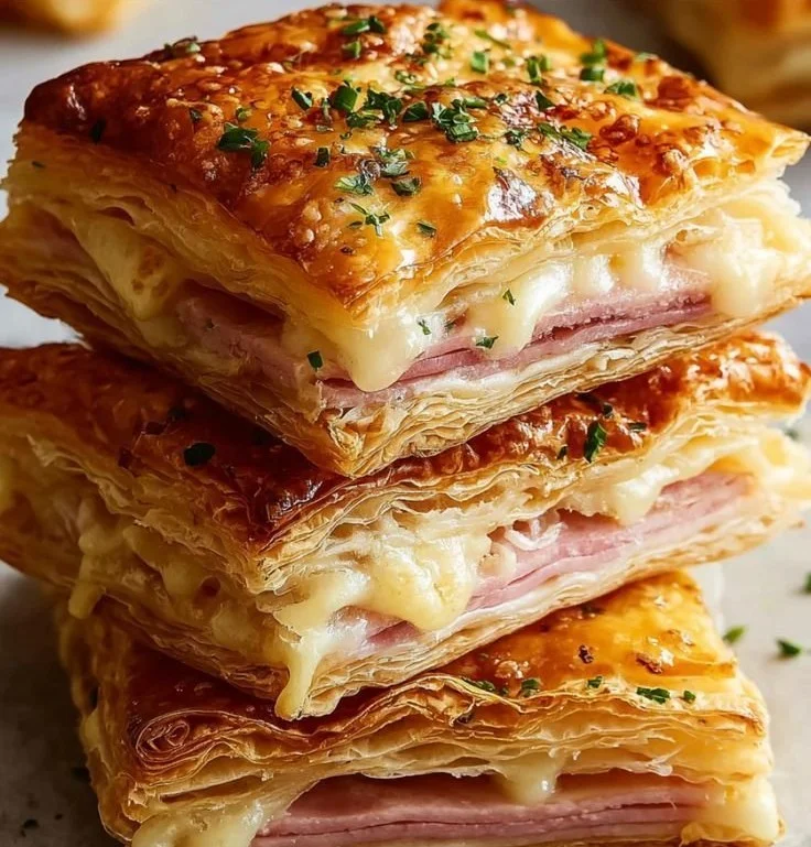 Crispy ham and cheese puff pastry stacks on a plate, garnished and ready to serve.
