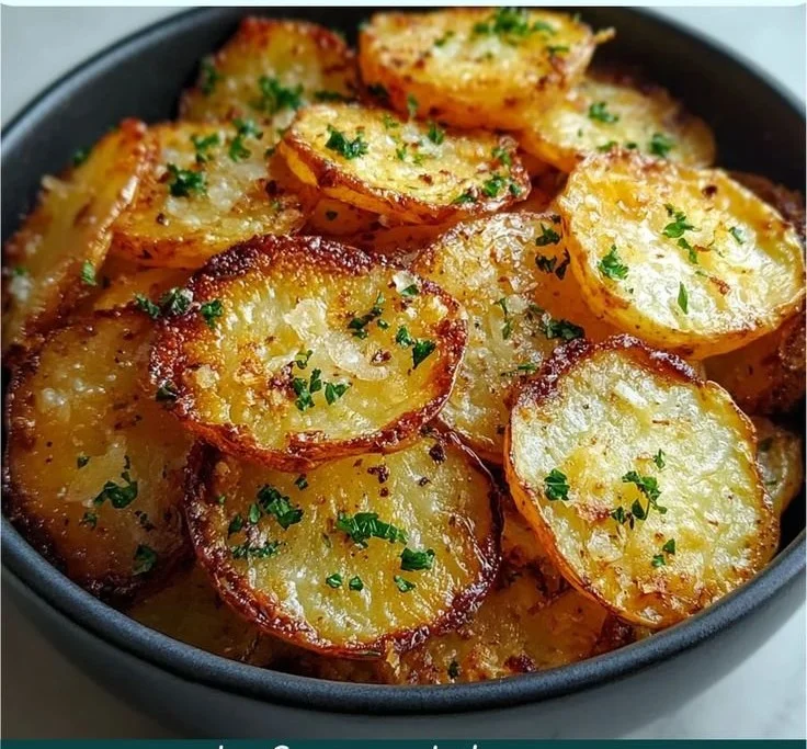 Crispy oven-baked sliced potatoes in a baking dish