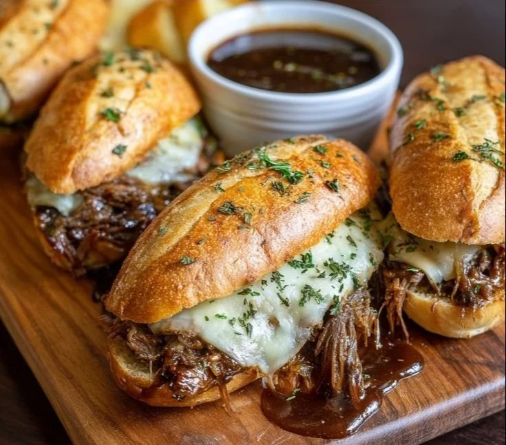 Crockpot French Dip Sandwiches with juicy beef and au jus