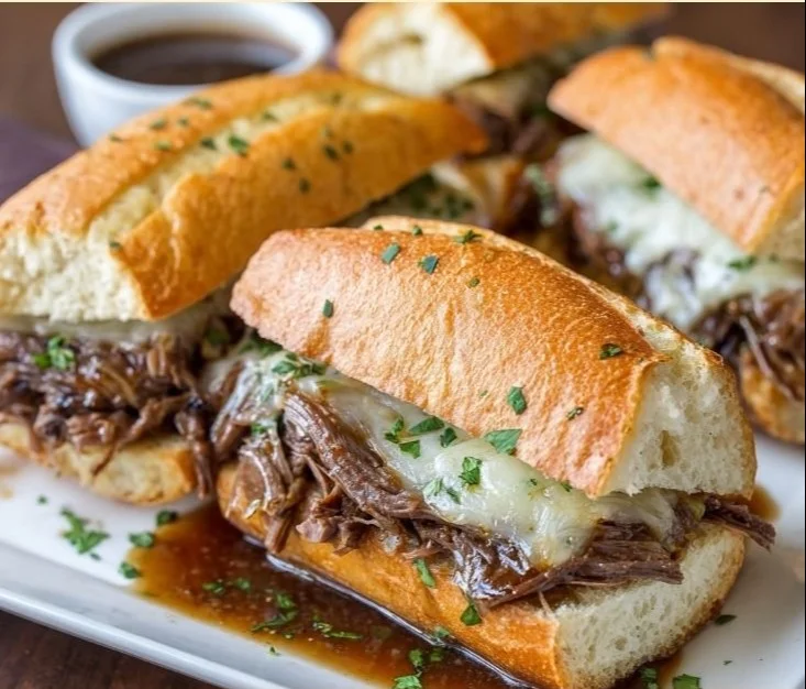Crockpot French dip sandwiches served with au jus for dipping