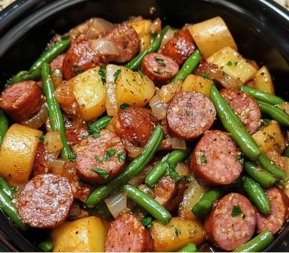 Crockpot Kielbasa and Green Beans in a slow cooker