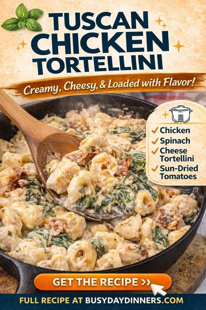 Crockpot Tuscan Chicken Tortellini dish garnished with fresh herbs