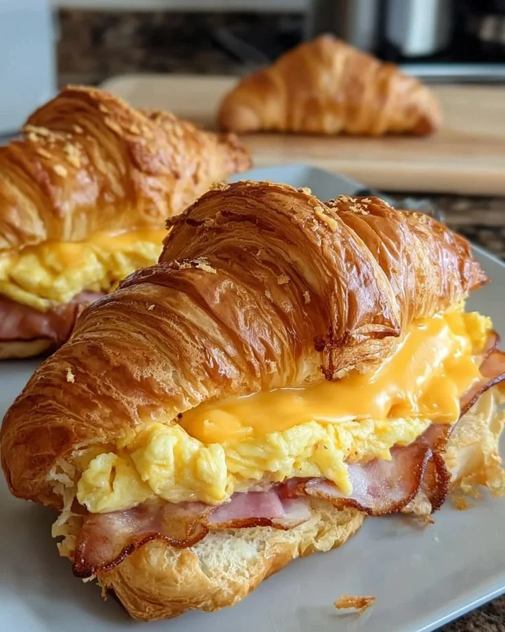 Croissant breakfast sandwich with eggs and cheese on a plate