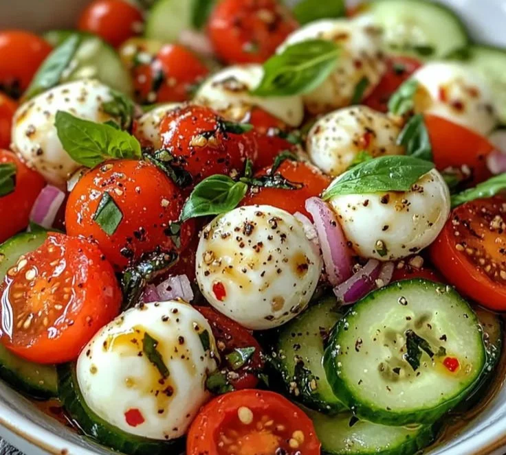 A vibrant Cucumber Caprese Salad featuring cucumbers, mozzarella, basil, and tomatoes.