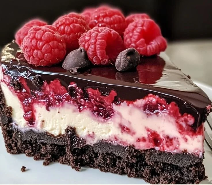Dark Chocolate Raspberry Cheesecake topped with fresh raspberries