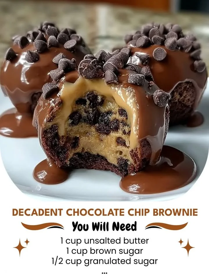 Decadent chocolate chip brownie topped with melty chocolate chips