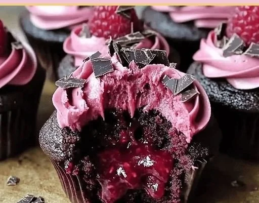 Decadent raspberry chocolate lava cupcakes topped with fresh raspberries