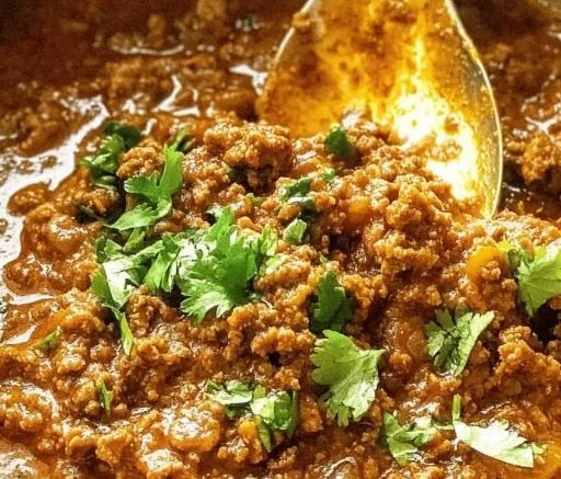 Delicious Keema Curry served in a bowl with rice and naan.