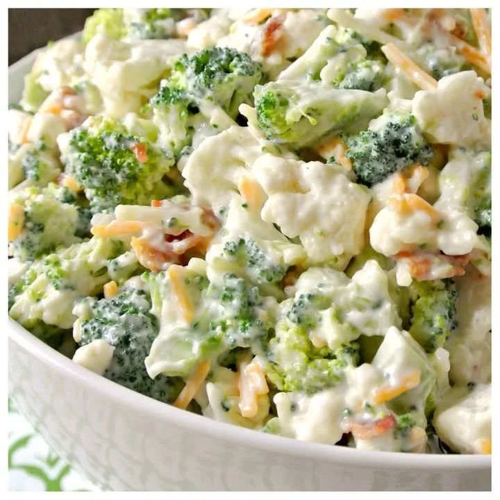 Deliciously sweet broccoli cauliflower salad in a bowl