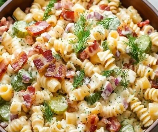 Dill Pickle Bacon Pasta Salad served in a bowl with fresh ingredients