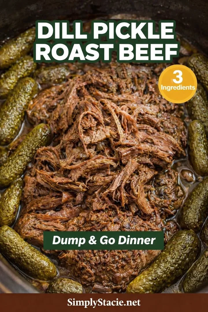 Delicious Dill Pickle Roast Beef served with sides on a wooden table.