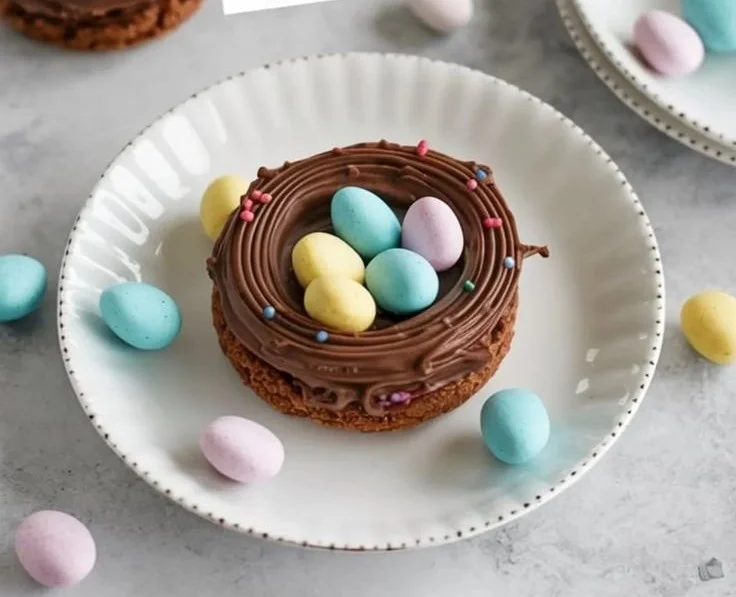 Easter Birds Nest Cookies decorated with chocolate eggs on a festive background