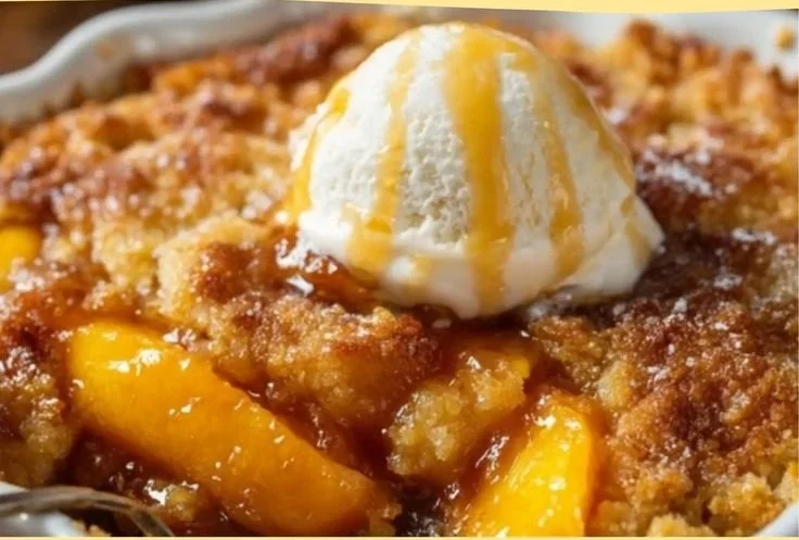 Delicious easy brown sugar peach cobbler served in a rustic dish.