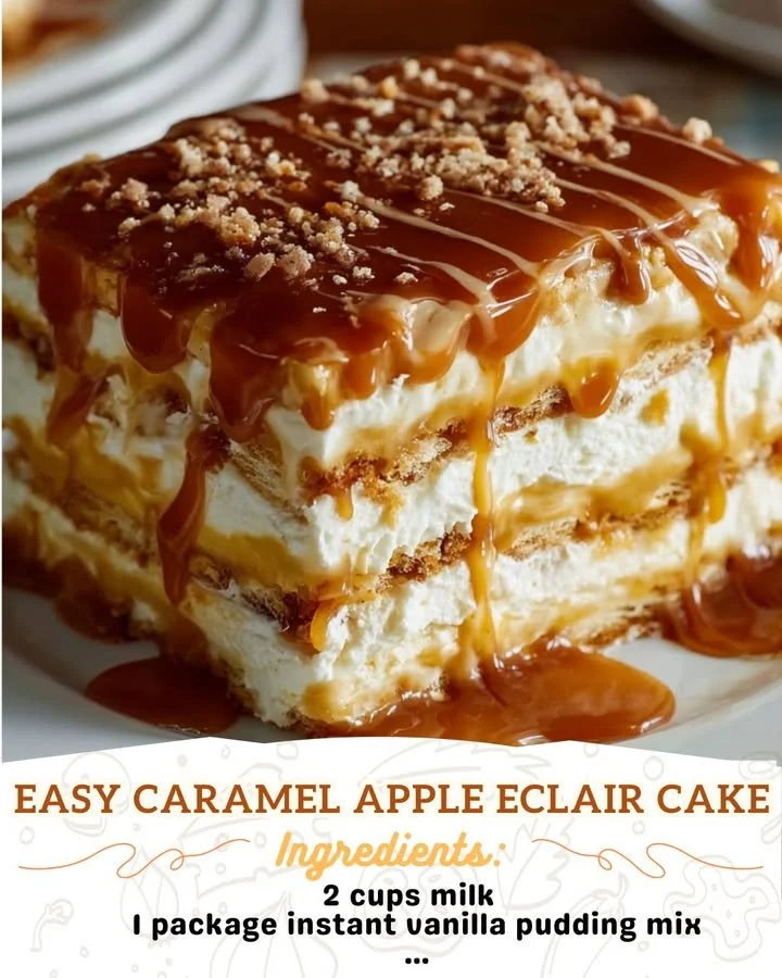 Easy Caramel Apple Eclair Cake topped with caramel and apple slices