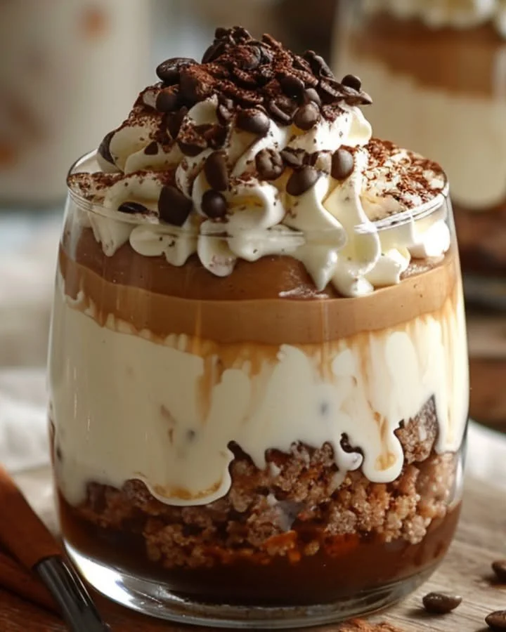 Deliciously creamy easy coffee mousse topped with whipped cream and coffee beans