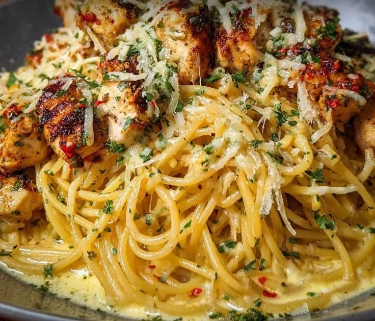 Plate of creamy Cajun chicken spaghetti topped with garlic mozzarella sauce