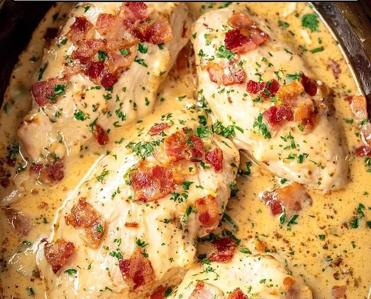 Bowl of Easy Crock Pot Crack Chicken ready to serve with herbs on top