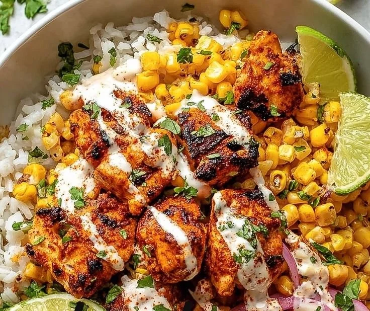 Delicious Easy Street Corn Chicken Bowl with fresh corn and grilled chicken