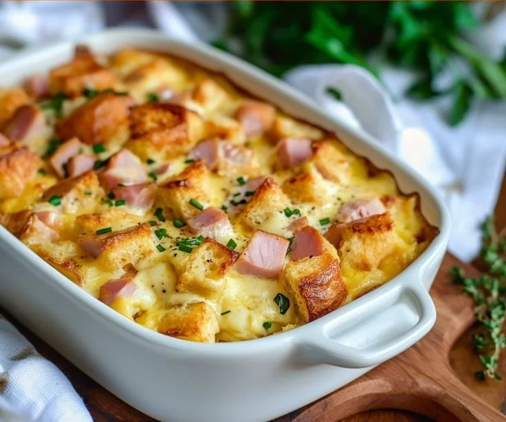 Eggs Benedict Casserole topped with hollandaise sauce and garnished with chives.