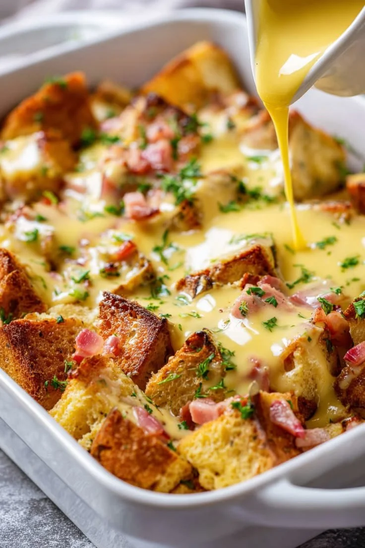 Delicious and creamy Eggs Benedict Casserole with poached eggs and hollandaise sauce