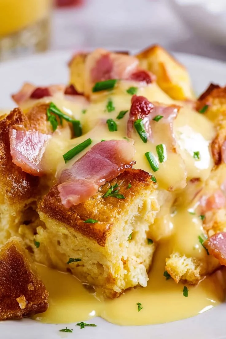 Delicious Eggs Benedict Casserole topped with poached eggs and hollandaise sauce