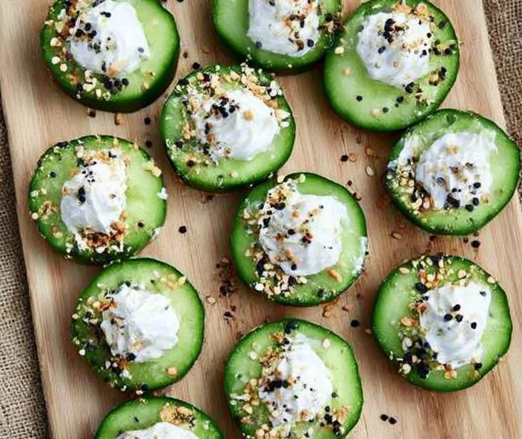Everything Bagel Cucumber Bites served on a platter for a healthy snack