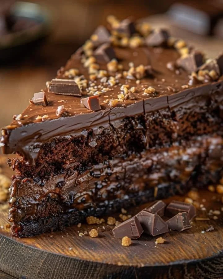 Slice of Fancy German Chocolate Cake with coconut pecan frosting