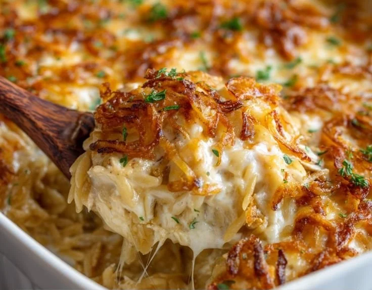 Baked French Onion Chicken Orzo Casserole topped with melted cheese and herbs