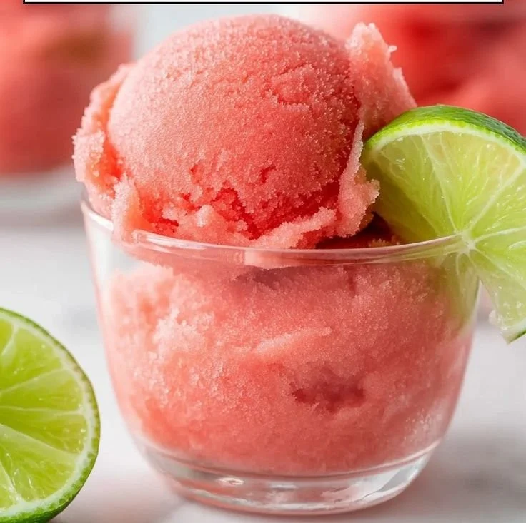 Delicious frozen 2-ingredient watermelon sorbet in a bowl garnished with mint.