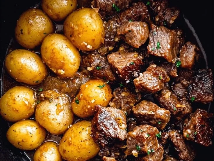 Delicious garlic butter beef bites served with crispy potatoes
