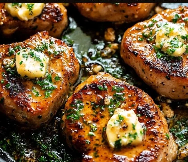 Garlic butter pan-seared pork chops on a plate garnished with herbs
