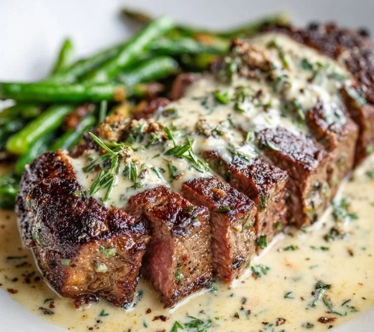 Garlic Butter Steak drizzled with rich Parmesan Cream Sauce on a plate.
