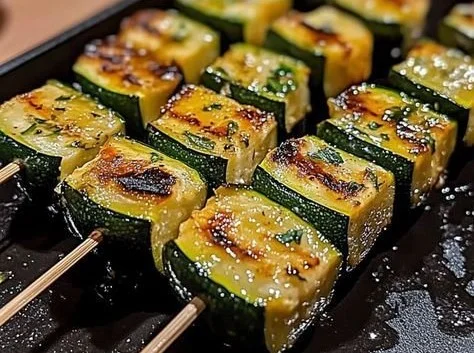 Garlic Butter Zucchini Skewers on a grill, garnished with herbs.