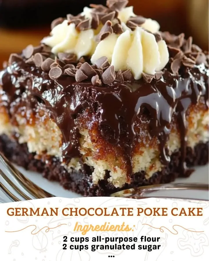 Delicious German Chocolate Poke Cake topped with coconut and pecan frosting.