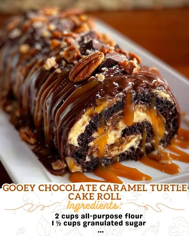 Gooey chocolate caramel turtle cake roll topped with nuts and caramel