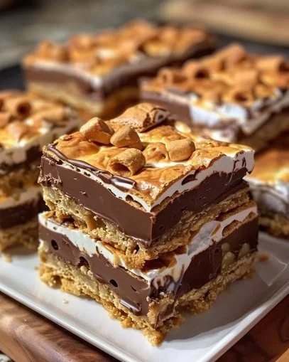 Delicious gooey s'mores chocolate bars with chocolate, marshmallows, and graham crackers.