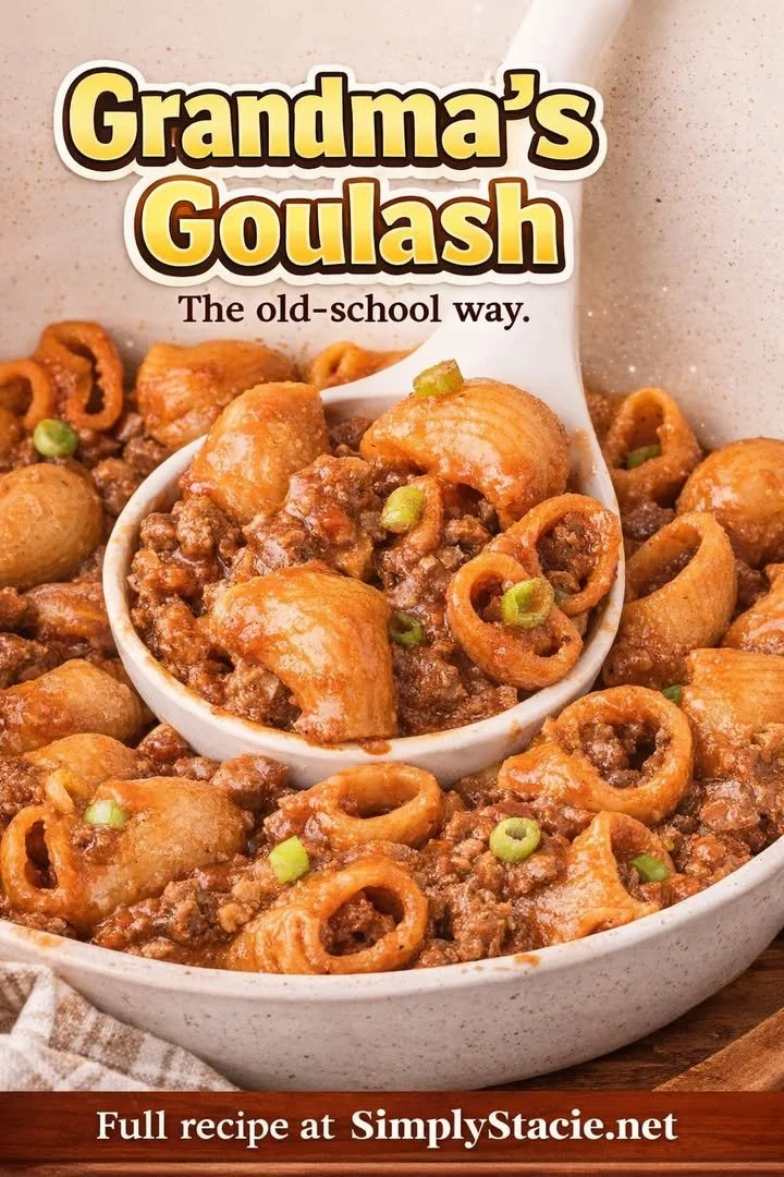A bowl of Grandma's Goulash, featuring pasta, ground beef, and savory sauce.
