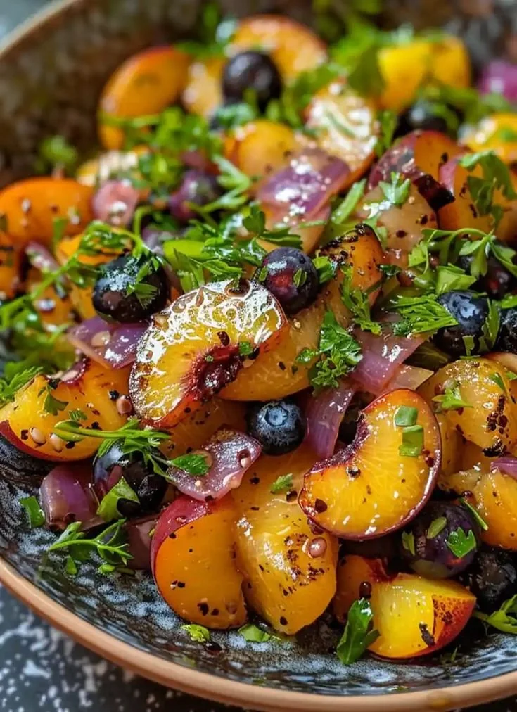 Grilled peach blueberry salad with mixed greens and vibrant colors