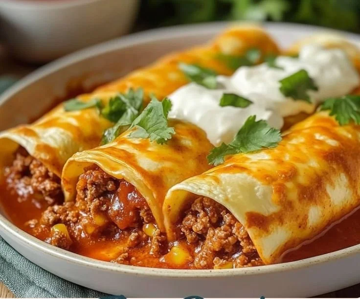 Ground beef enchiladas topped with cheese and served on a plate