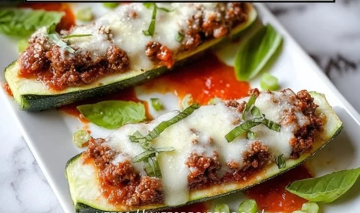 Ground beef stuffed zucchini boats topped with cheese and herbs