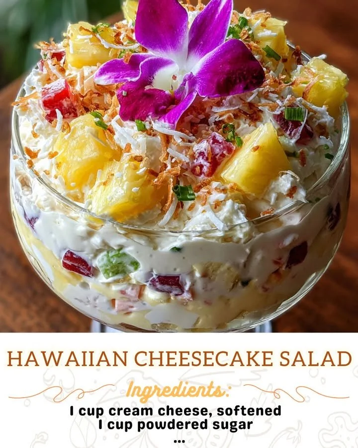 Delicious Hawaiian Cheesecake Salad with tropical fruits and creamy texture.
