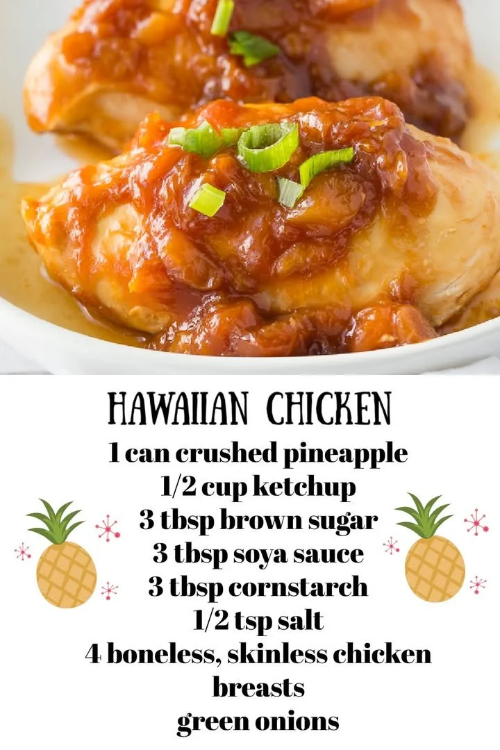 Delicious Hawaiian Chicken with tropical flavors, served with rice and pineapple.