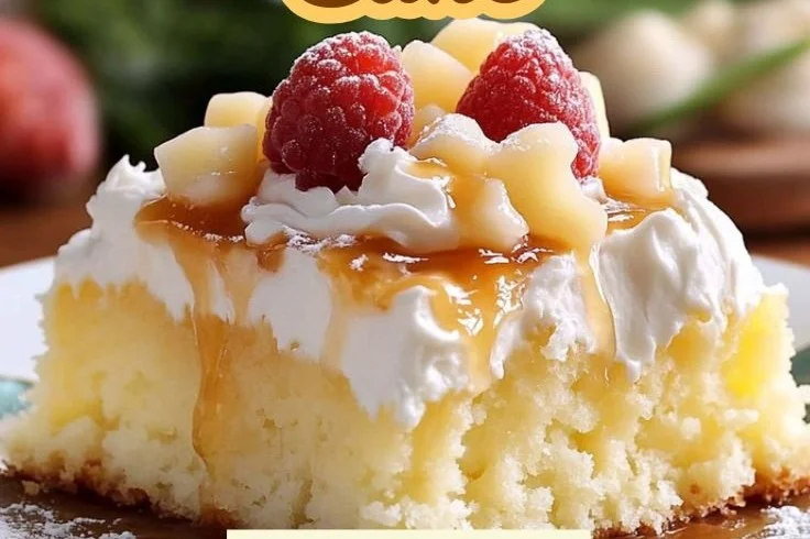 Delicious Hawaiian poke cake topped with creamy frosting and vibrant fruit decorations