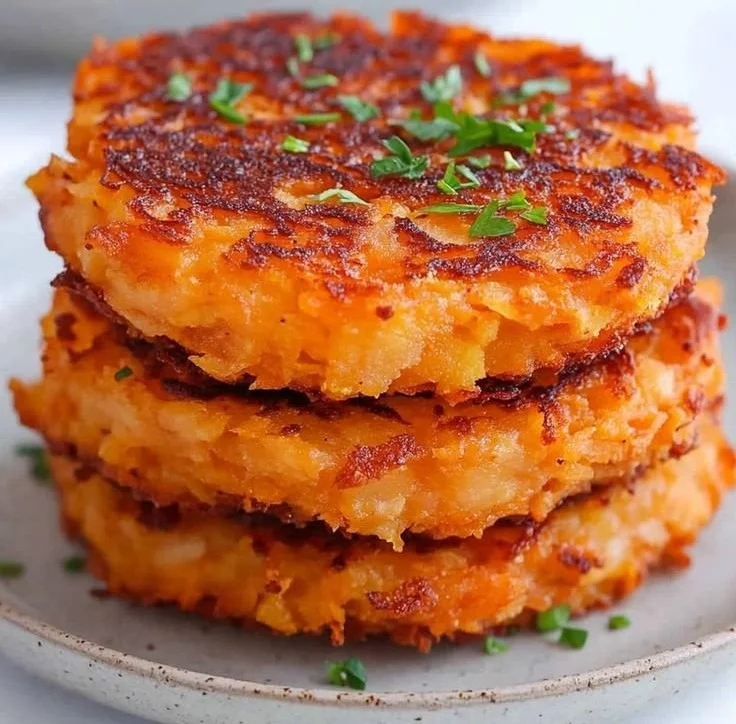 Healthy sweet potato hash browns served on a plate with fresh herbs