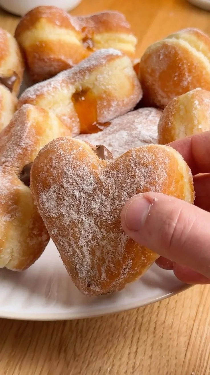 Delicious heart-shaped doughnuts decorated with icing and sprinkles.