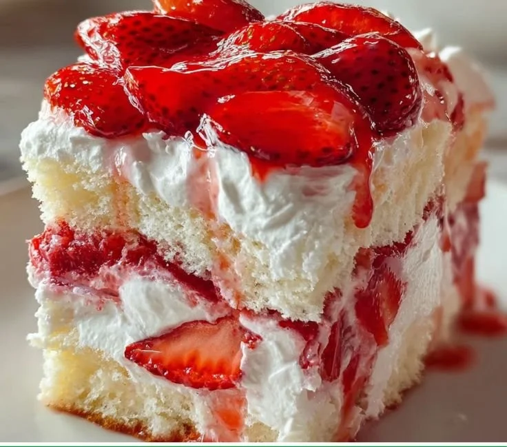 Heaven on Earth Cake topped with delicious whipped cream and fruit layers