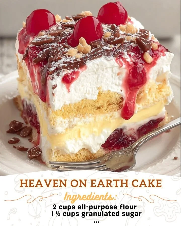 Heaven on Earth Cake with layers of cream and fruit for dessert