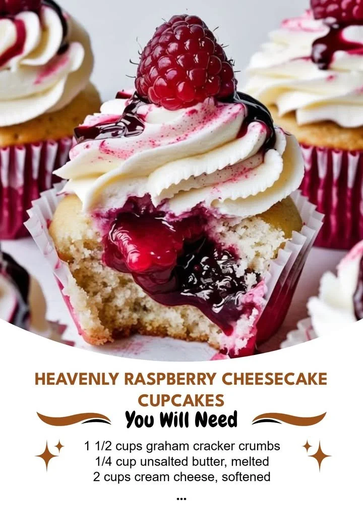 Heavenly raspberry cheesecake cupcakes topped with fresh raspberries and cream cheese frosting