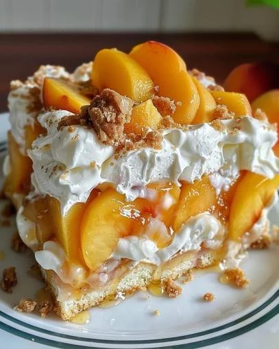 Heavenly Summer Peach Cobbler Poke Cake topped with fresh peaches and cream